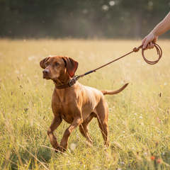 Brauner Vizsla auf einer Schleppleine in hohem Gras, gehalten von einer Person im milden Licht.