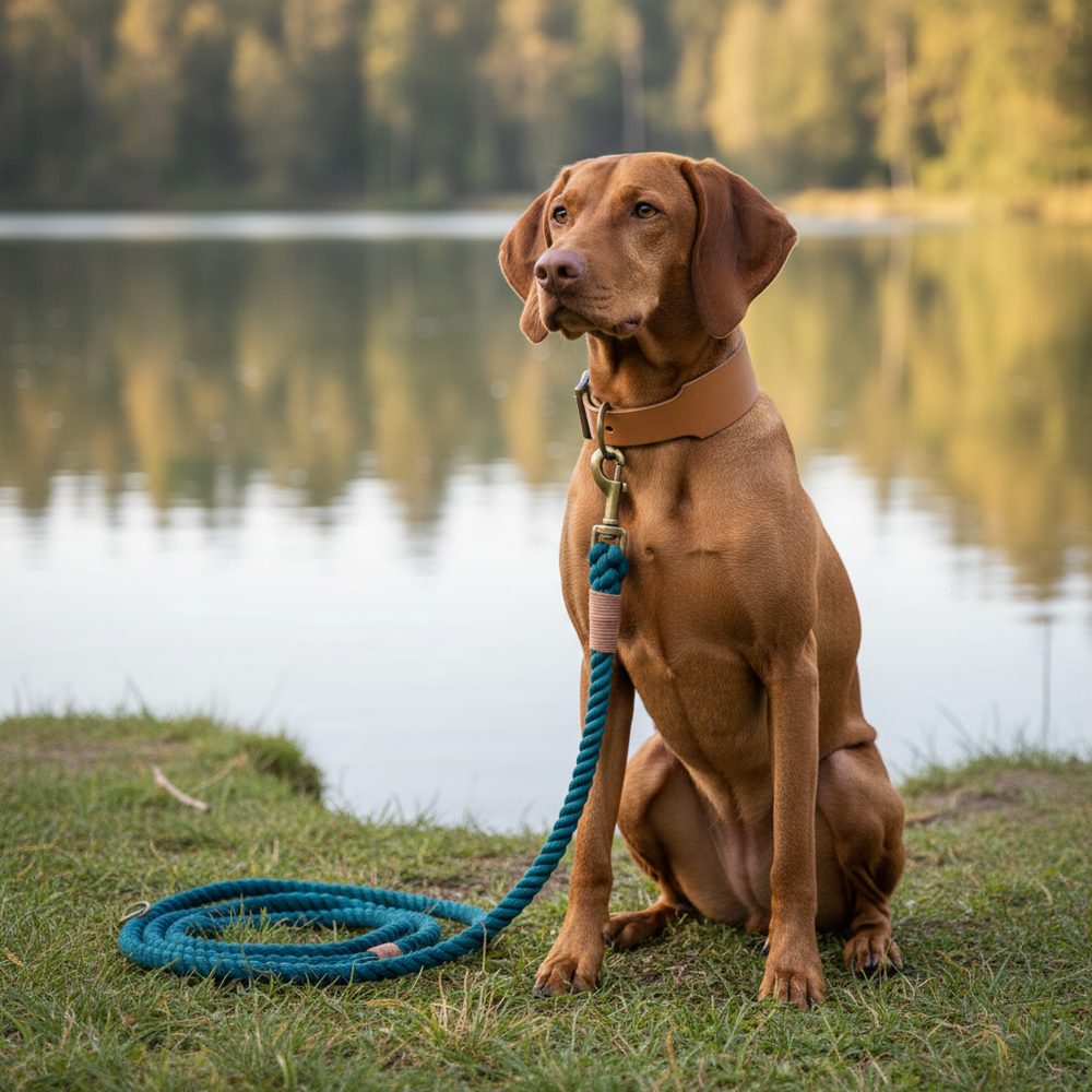 Brauner Hund mit hellbraunem Halsband sitzt am Teichufer, daneben liegt eine grüne Hundeleine.