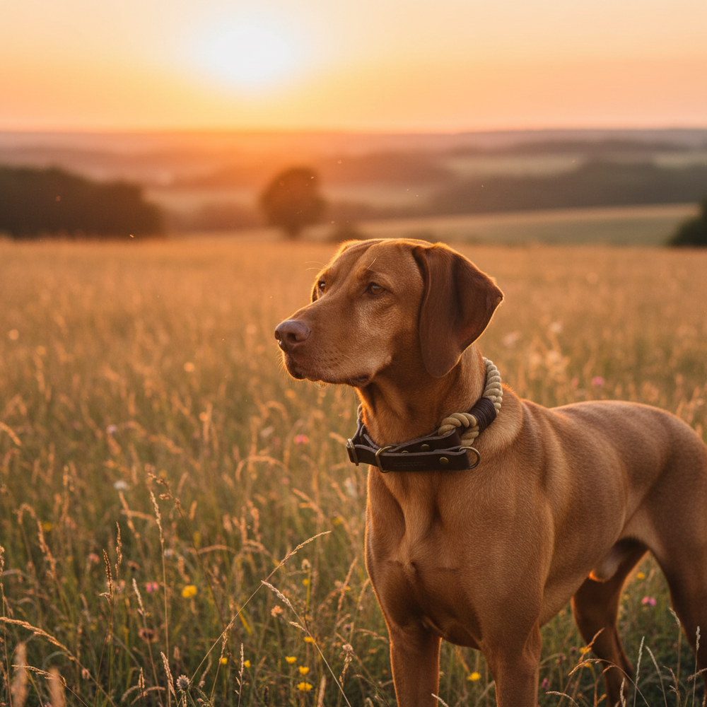 Hund mit glänzendem Fell und Zugstopp Tauhalsband Ahoi auf einer Wiese beim farbenfrohen Sonnenuntergang.