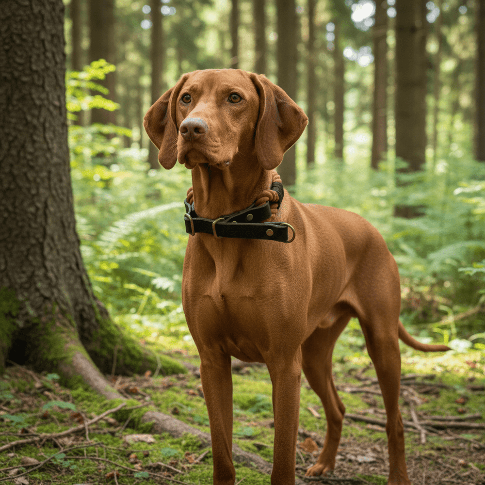 Brauner Hund im Wald mit auffälligem Lederhalsband Ahoi, aufmerksam in die Kamera blickend.