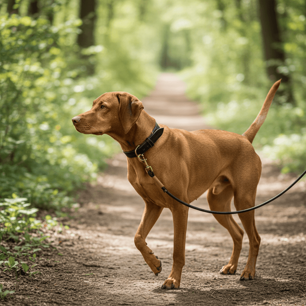 Brauner Hund an Rundlederleine auf einem Waldweg, umgeben von Bäumen und grüner Vegetation, mit aufmerksamen Augen.