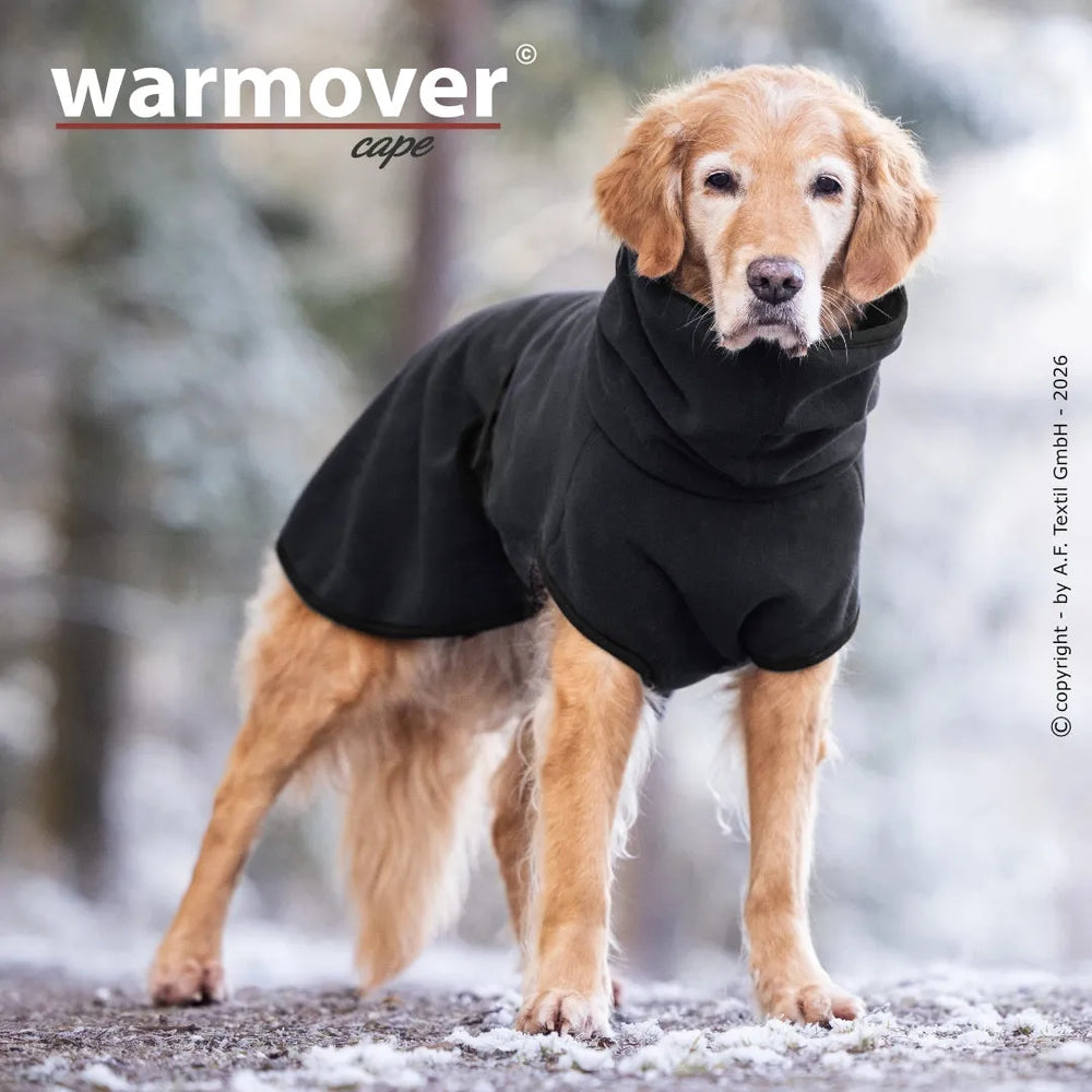 Hund in winterlicher Umgebung trägt den warmen schwarzen Warmover©-Umhang für zusätzlichen Komfort und Schutz.