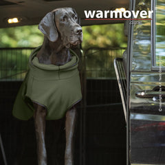 Hund im olivgrünen Wärmecape mit Kapuze, gemütlich in einem Fahrzeug sitzend.