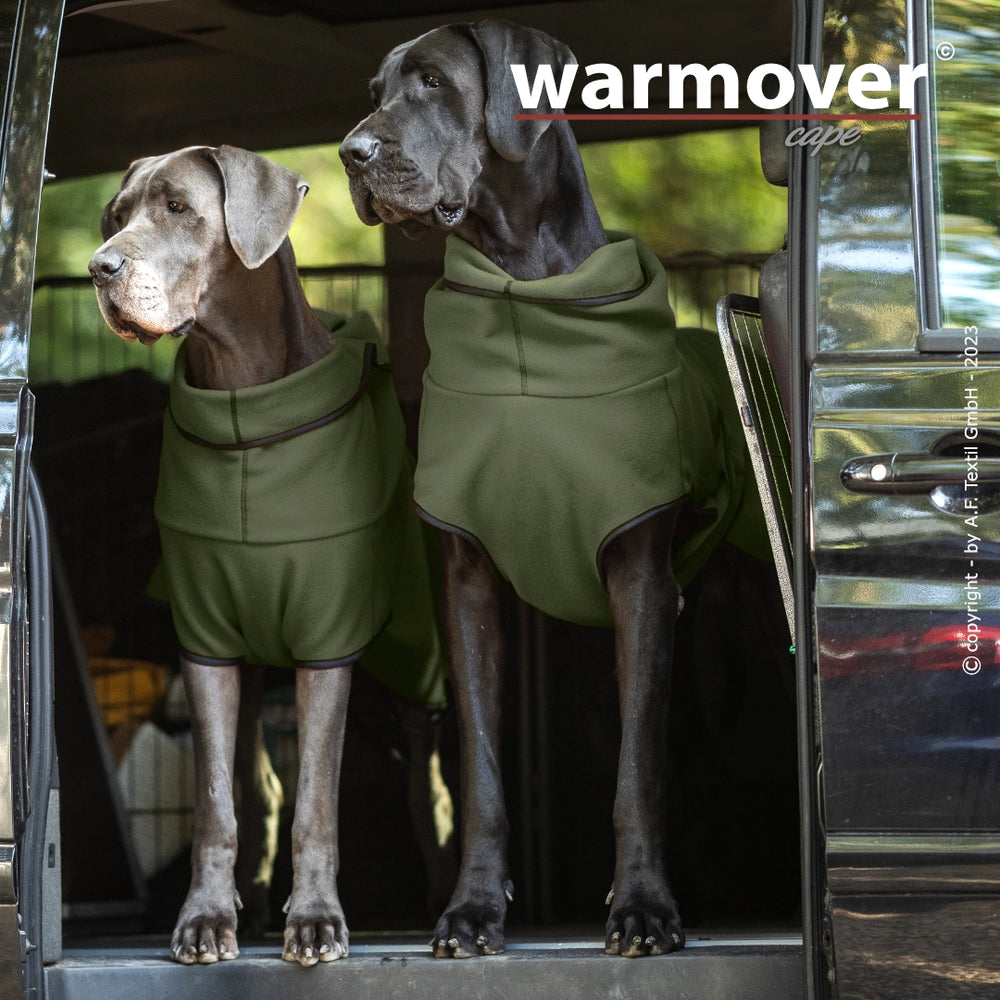 Zwei große Hunde im Fahrzeug mit grünen Umhängen von warmover©, ideal für gemütliche Fahrten.