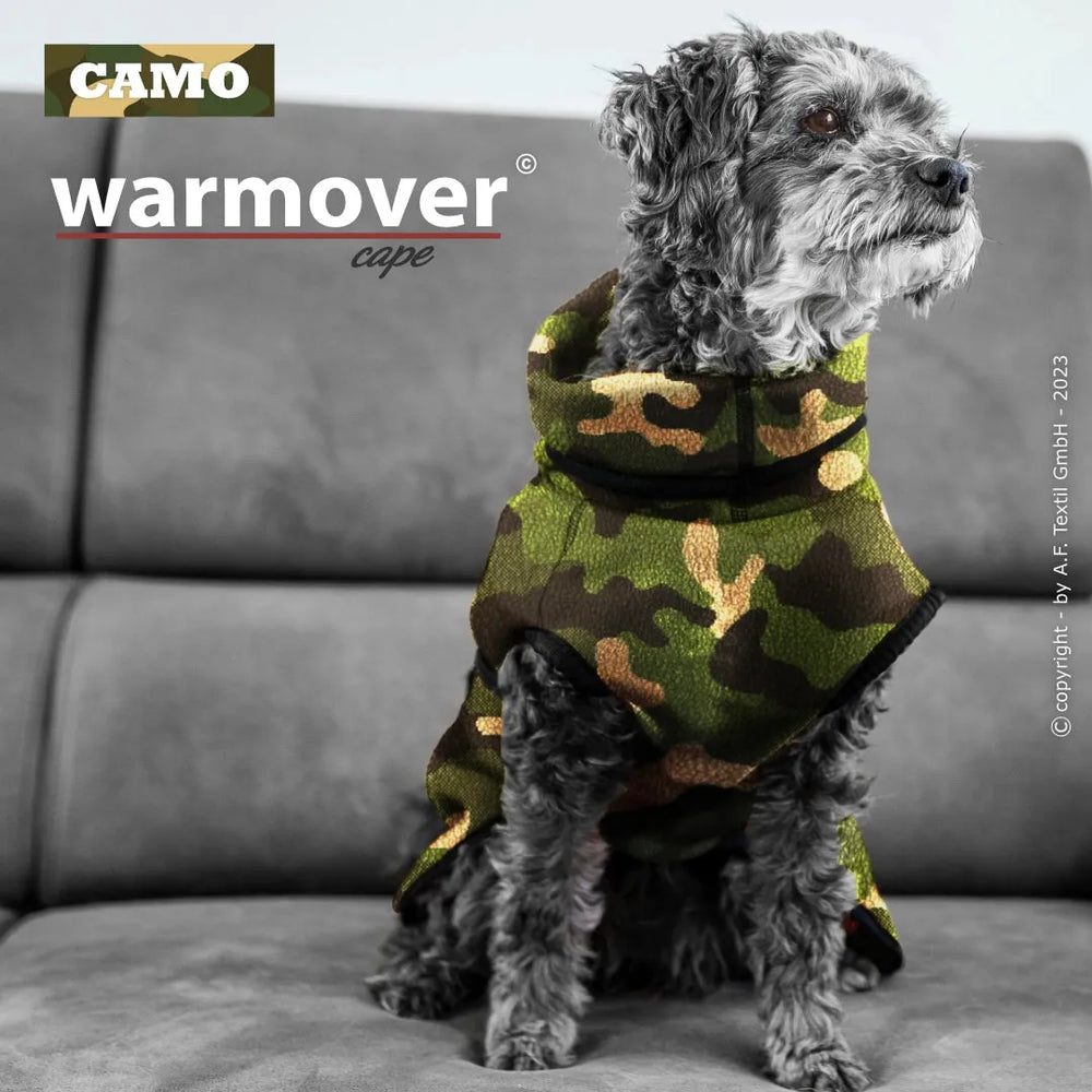 Hund mit camouflagefarbenem Wärmecape auf grauer Couch, aufmerksam in die Kamera schauend.