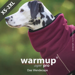 Dalmatiner mit rot-schwarzem Wendecape von warmup© pro, erhältlich in Größen XS bis 2XL für Hunde.