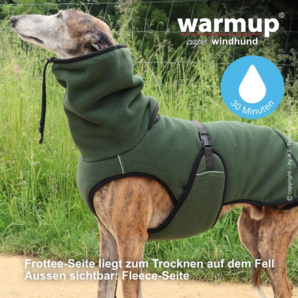 Windhund in grünem Wende-Cape von warmup©, warm und stylisch für kaltes Wetter.