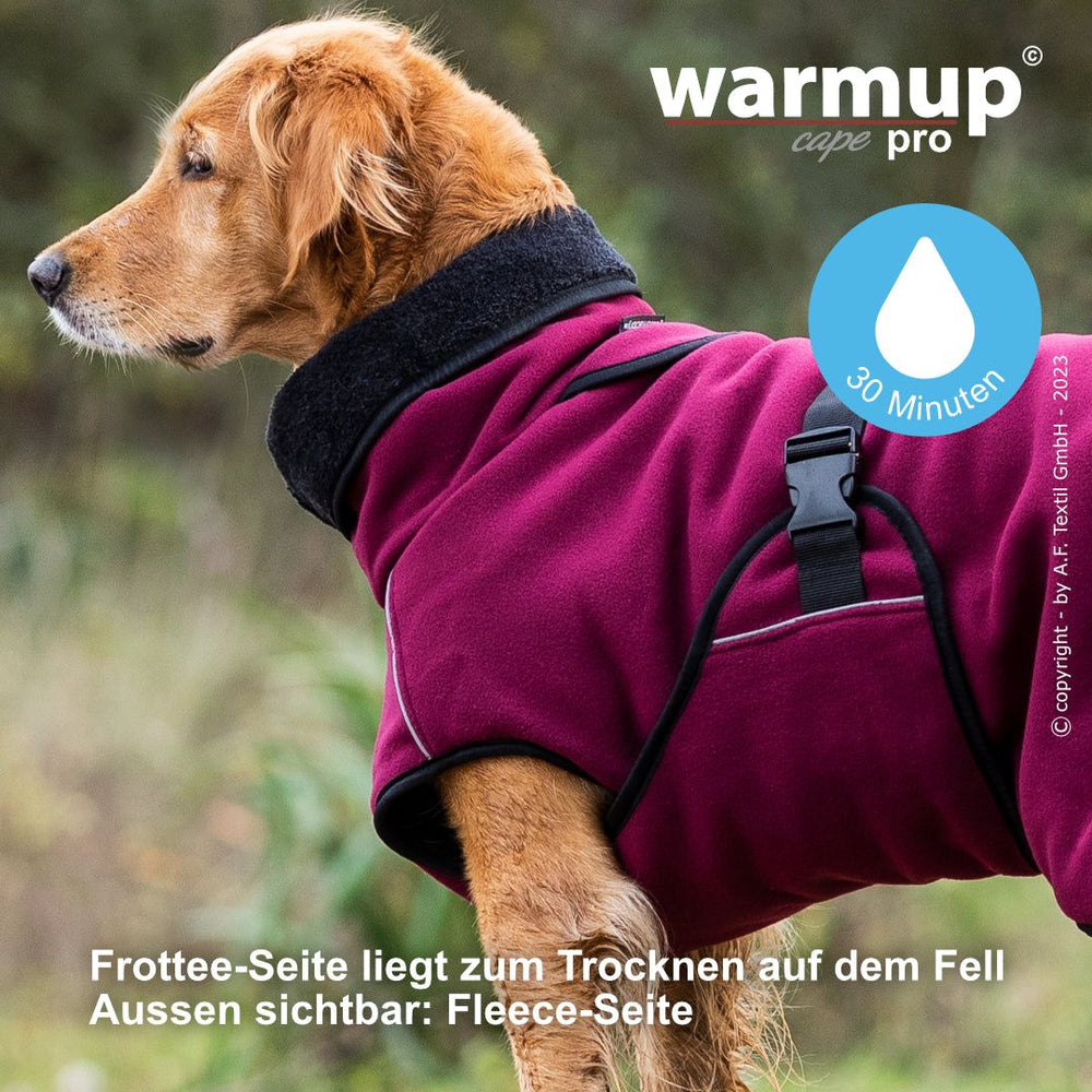Hund im burgunderfarbenen Wende-Cape mit Fleece-Außenseite und Frottéeseite, ideal für kühle Tage.