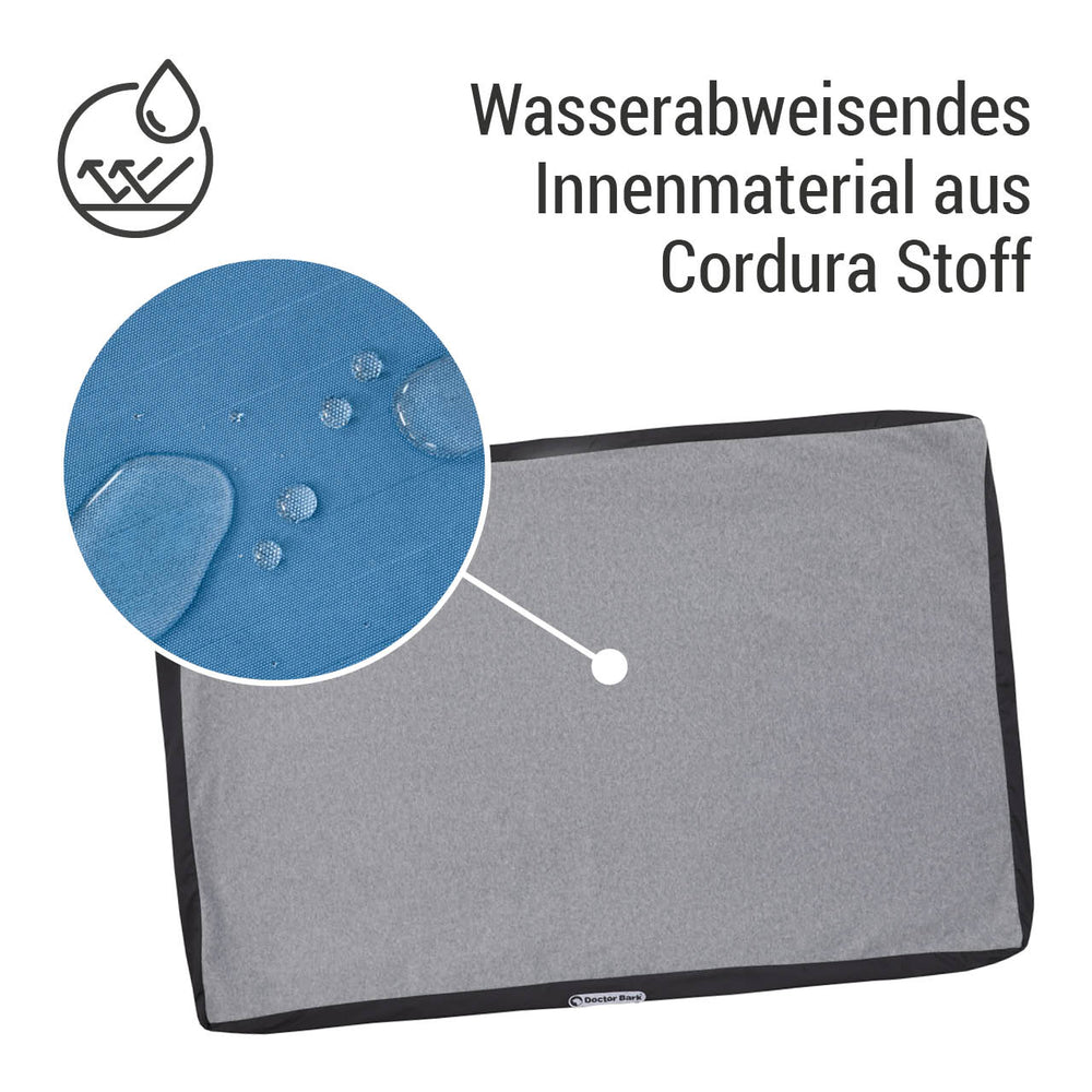 Wechsel-Cover für Hundematratze in grau-schwarz aus wasserabweisendem Cordura-Stoff mit Wassertropfen.
