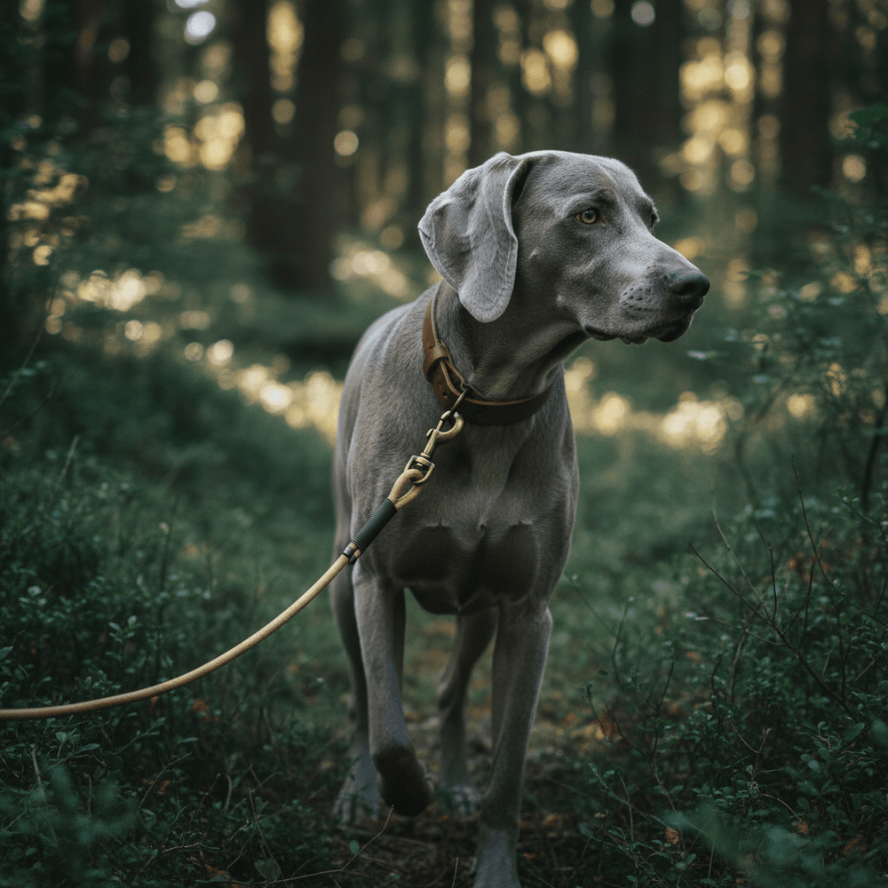 Grauhaariger Hund an Rundlederleine im Wald, aufmerksam zwischen grünen Pflanzen und Bäumen.