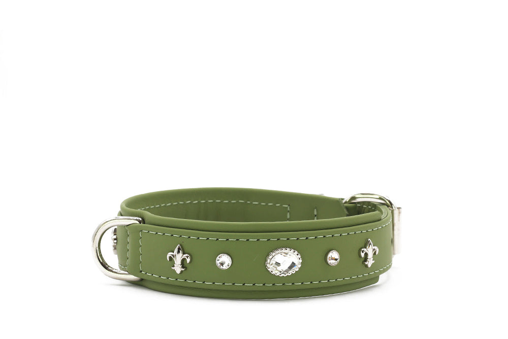 Grünes Hundehalsband aus Leder mit Metallbeschlägen und glitzernden Steinen, verziert mit silbernen Fleur-de-Lis-Motiven.