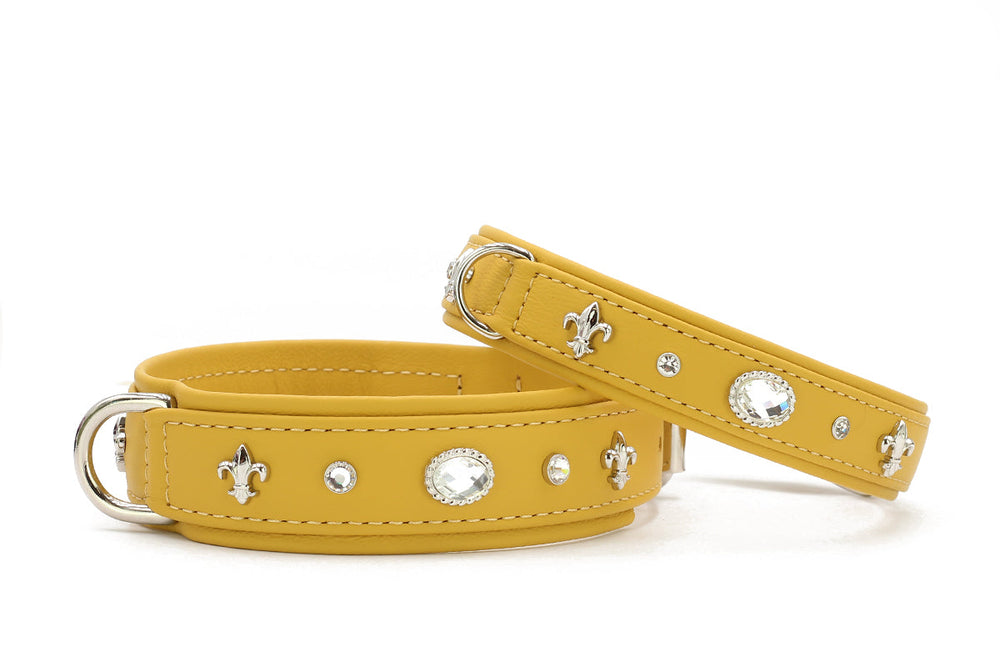 Zwei gelbe Lederhalsbänder mit silbernen Schmucksteinen und lilienförmigen Applikationen, eines breiter als das andere.