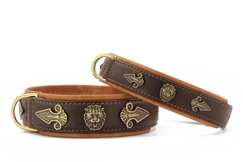 Braune Leder-Hundehalsbänder mit goldfarbenen Verschlüssen und Löwenkopf-Dekor. Ideal für stilvolle Hundeaccessoires.