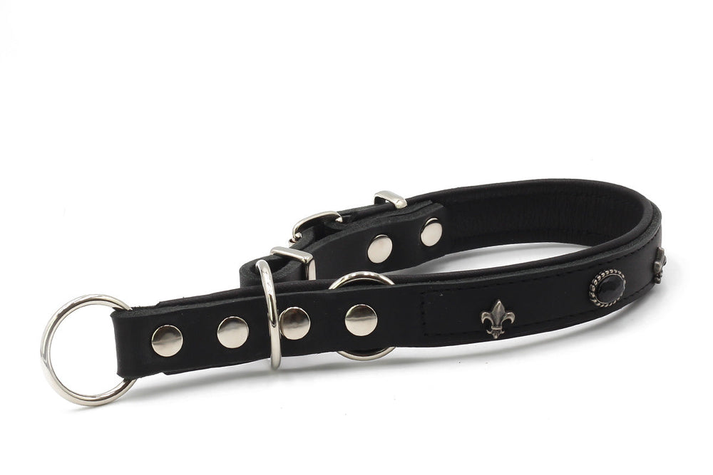 Schwarzes Lederhalsband für Hunde mit metallenen Druckknöpfen und Wappen in Form einer Lilie, ideal für stilbewusste Vierbeiner.