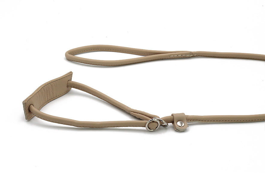 Verstellbare Hundeleine aus Leder in neutralem Farbton für große Hunde, flache Form und sichere Schlaufe.