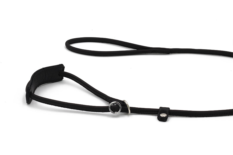 Verstellbare schwarze Lederleine für große Hunde mit praktischem Griff und elegantem Design.