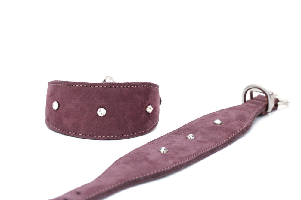 Lila Veloursleder-Hundehalsband mit glitzernden Schmucksteinen, ideal für Windhunde und stilvolle Ausstrahlung.