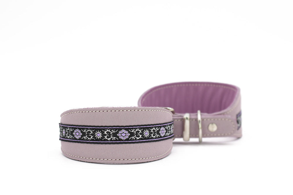 Rosa Lederhundehalsband mit schwarzer und lila Verzierung und silberner Schnalle, gepolstert für Komfort.