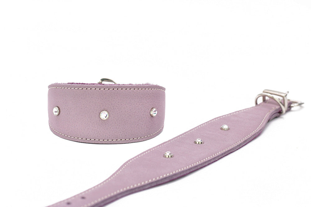 "Lila Windhundhalsband aus Leder mit Strasssteinen, breitem Design und passender schmaler Leine."