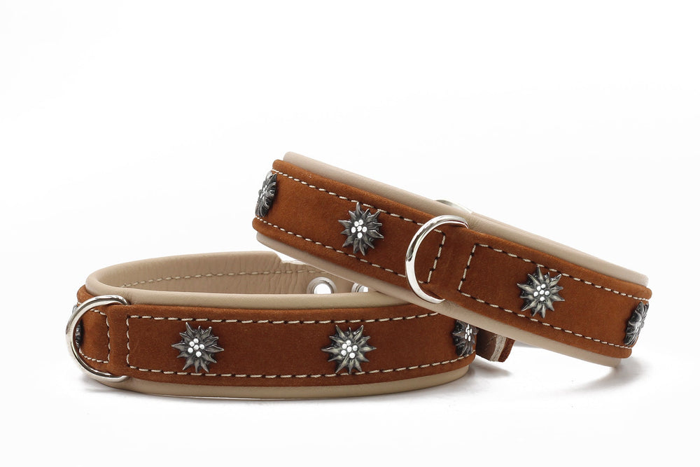 Braunes Wildleder-Halsband mit silbernen Zierelementen und heller Naht, ideal für stilvolle Haustiere.