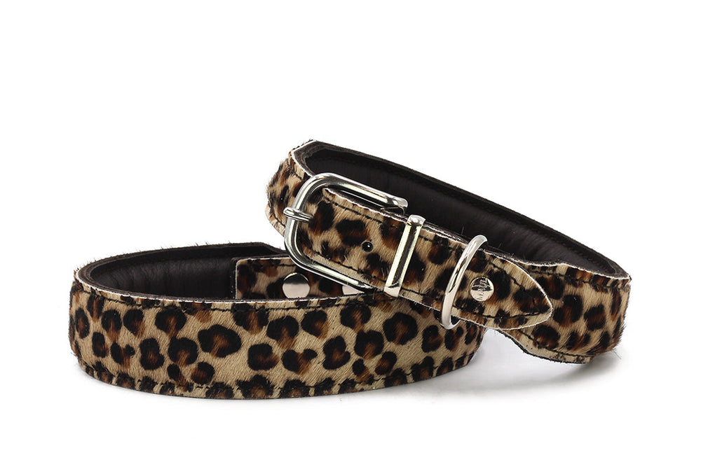 Leopardenmuster-Gürtel aus fellähnlichem Material mit silberner Schnalle und schwarzem Innenfutter.