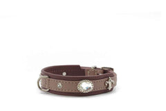 Braunes Kunstleder-Hundehalsband mit Edelstein und Kristallen, zwei D-Ringen und silberner Schnalle. Ideal für kleine Hunde.