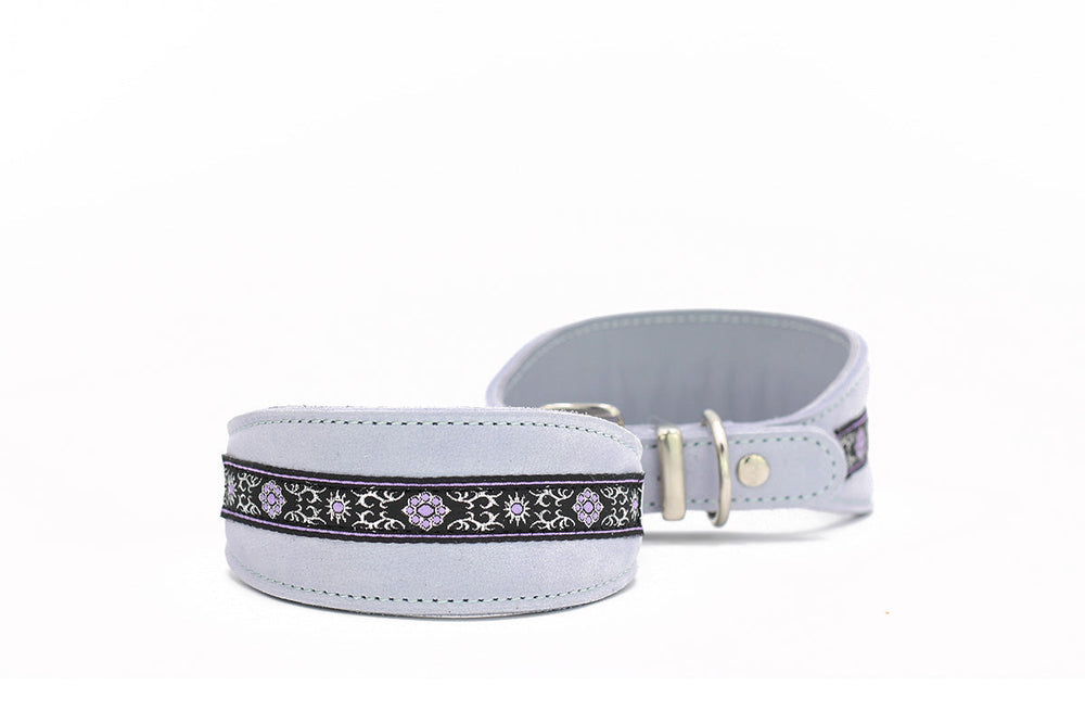 Graues Windhundhalsband aus Leder mit lila Borte und schlanker Schnalle für stilvolle Hundeaccessoires.