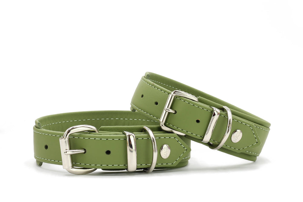 Zwei grüne Hundehalsbänder aus Kunstleder mit silbernem Schnallenverschluss und weißen Nähten.