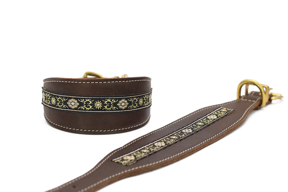 Braunes Ledergürtel mit gold-schwarzer Borte und stabiler goldfarbener Schnalle, ideal für Windhunde.