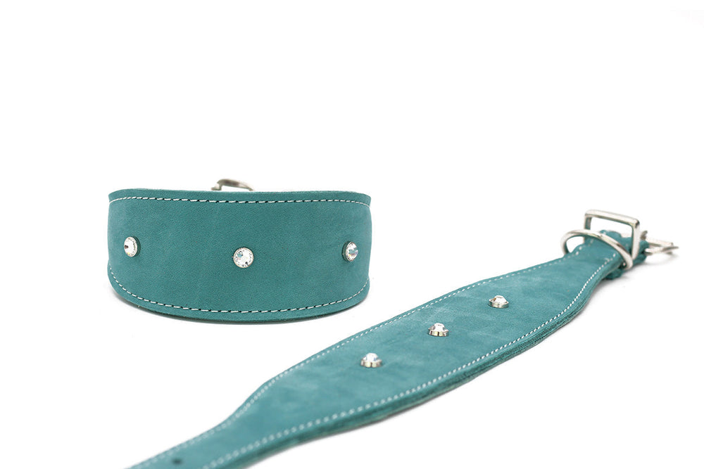 Stylisches Türkis Hundehalsband aus samtigem Material mit glänzenden Strasssteinen und passender Leine.