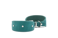 Teal-farbenes Windhundhalsband aus weicher Lederoptik mit silbernen Nieten und Metallöse für die Leine.