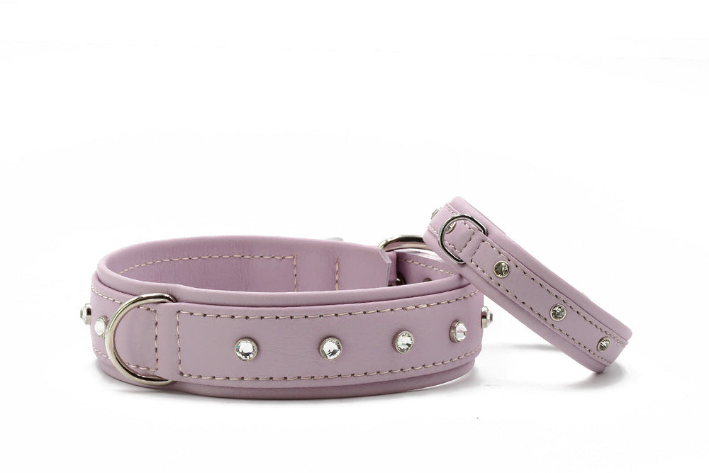 Pinkfarbenes Kunstleder-Halsband mit silbernen Nieten und gepolstertem Teil für Hunde – ideal für Spaziergänge.