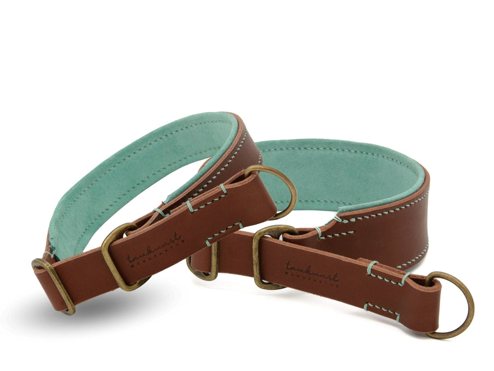 Hochwertiges Zugstopp Lederhalsband Wildfang in braun und mintgrün für Hunde. Stilvolles Design und angenehmer Tragekomfort.