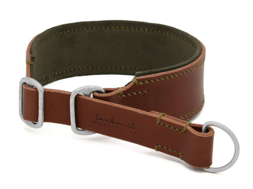 Breites braunes Lederhalsband mit grüner Innenfläche und silbernen D-Ringen für Hunde. Ideal für robuste Aktivitäten.