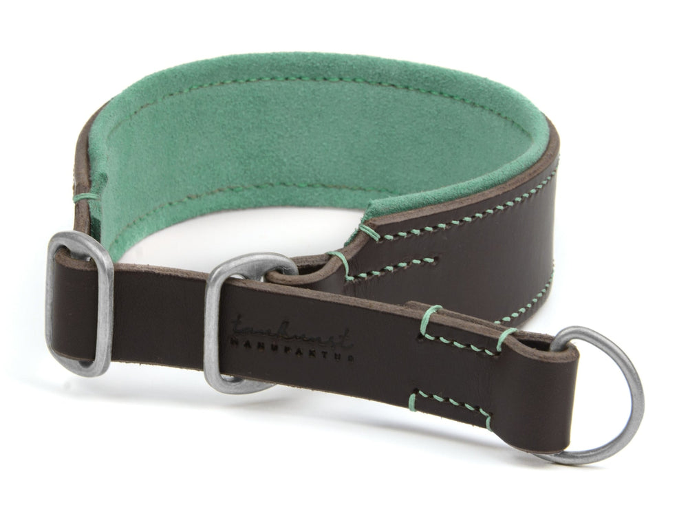Braunes Lederhalsband für Hunde mit grüner Innenauskleidung, robust und schlicht, metallische D-Ringe.