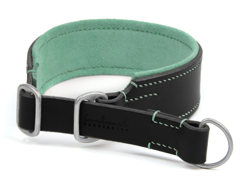 Schwarzes Lederhalsband für Hunde mit hellgrüner Innenseite und silbernen D-Ringen, robust und stilvoll.