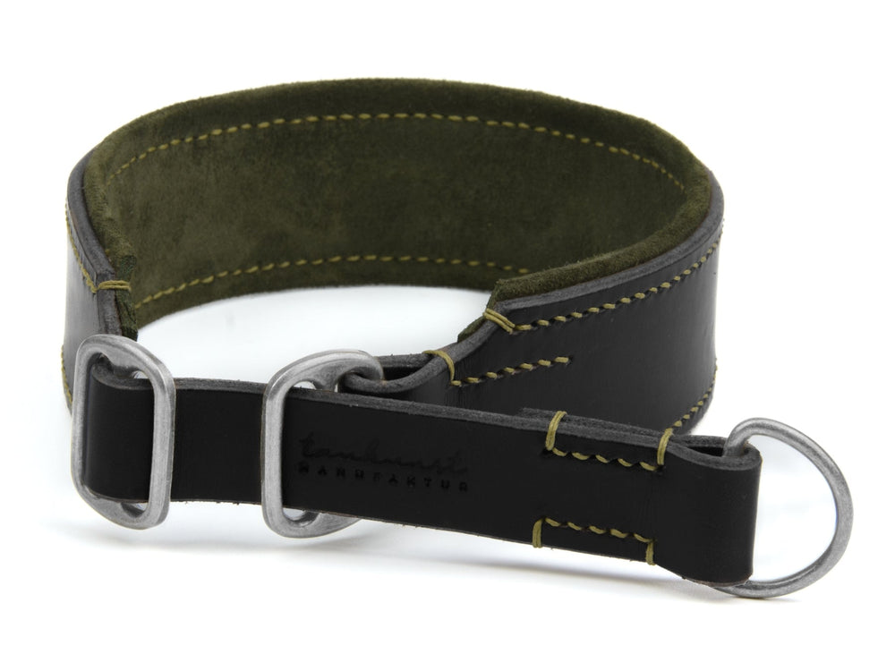 Schwarzes Lederhalsband mit grünen Nähten, gepolstert, für Hunde, mit Metallring und robustem Verschluss.