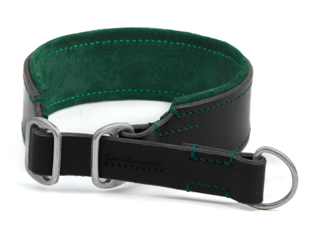 Schwarzes Lederhalsband mit grüner Innenauskleidung und Metallverschluss, ideal für Hunde.