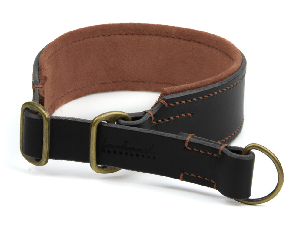 Hochwertiges schwarzes Lederhalsband mit braunem Innenfutter und goldfarbenen Schnallen für Hunde.