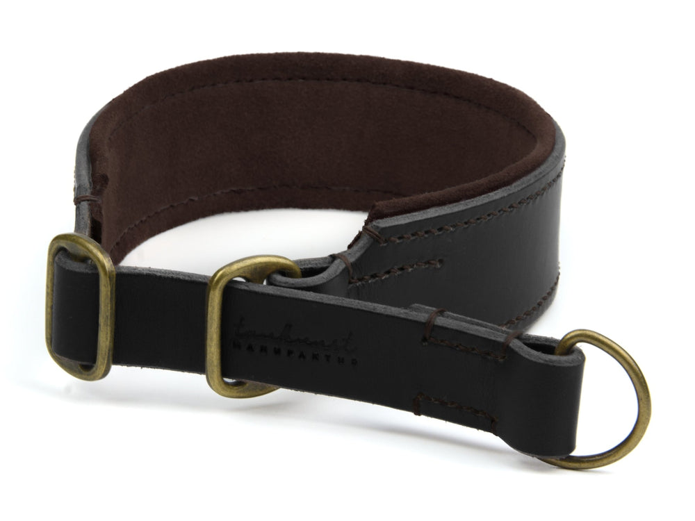 Schwarzes Lederhalsband mit braunem Innenfutter, goldener Schnalle und Anpassungsring für Hunde.