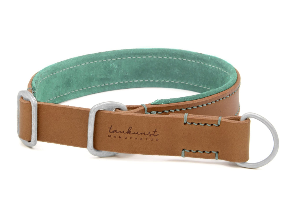 Hundehalsband aus braunem Leder mit grüner Innenauskleidung und grauen Metallbeschlägen, ideal für stilbewusste Hunde.