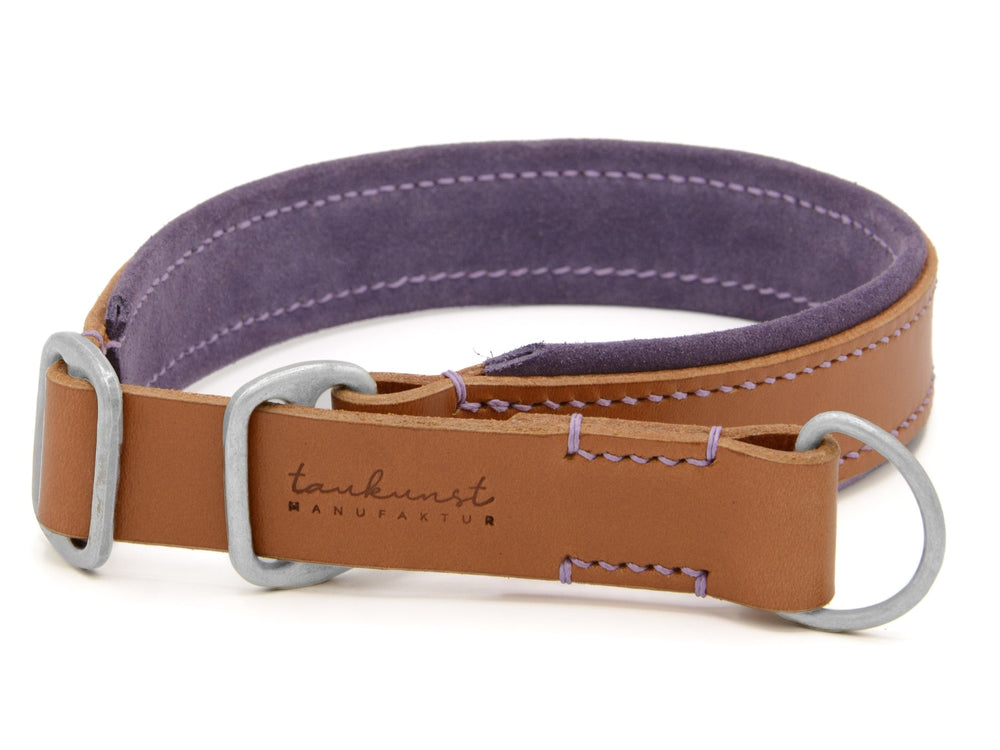 Braunes und lila Lederhalsband für Hunde mit weicher Innenpolsterung, silberner Schnalle und D-Ring für Leinenanschluss.