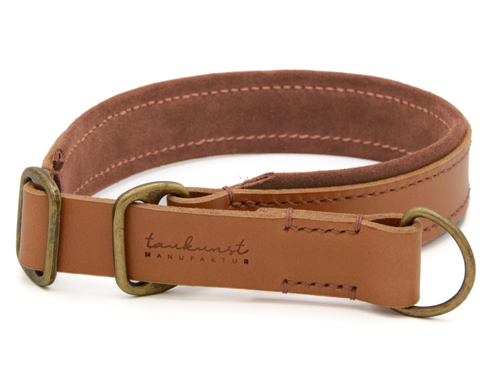 Braunes Lederhalsband mit messingfarbener Schnalle und D-Ring, ideal für Hunde und stylisch im Design.