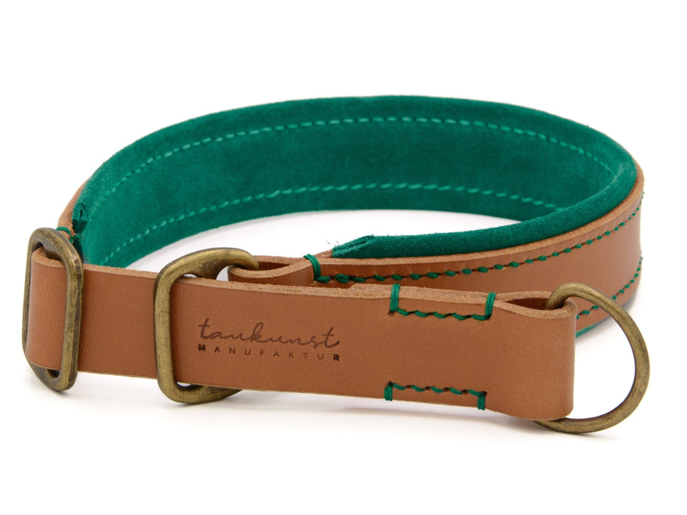 Braunes Lederhalsband für Hunde mit grüner samtiger Innenseite und robustem Metallverschluss. Ideal für aktive Hunde.