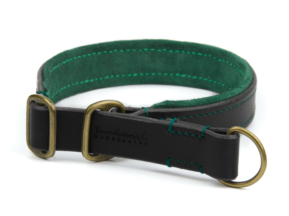Elegantes Hundehalsband aus schwarzem Leder mit grüner Innenauskleidung und goldfarbene Beschläge. Ideal für modische Hunde.