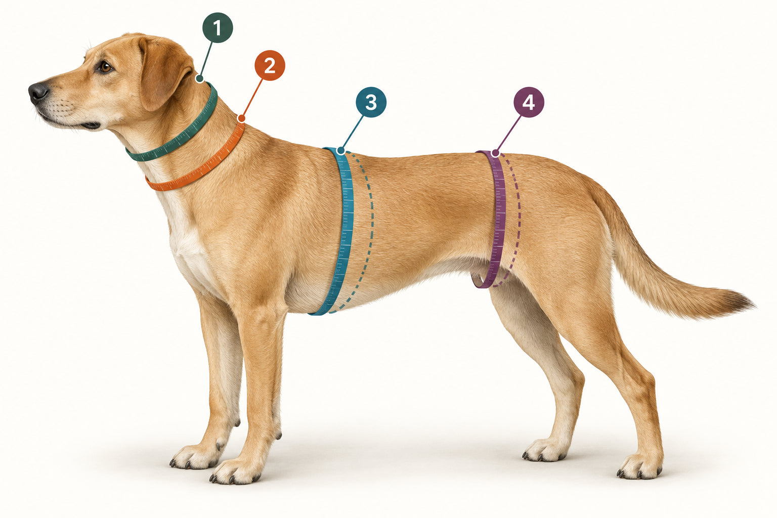 Stehender Hund mit vier markierten Messstellen: 1 Halsumfang für das Halsband, 2 unterer Halsumfang für das Geschirr, 3 Brustumfang hinter den Vorderbeinen und 4 Taillenumfang am schmalen Bauch.
